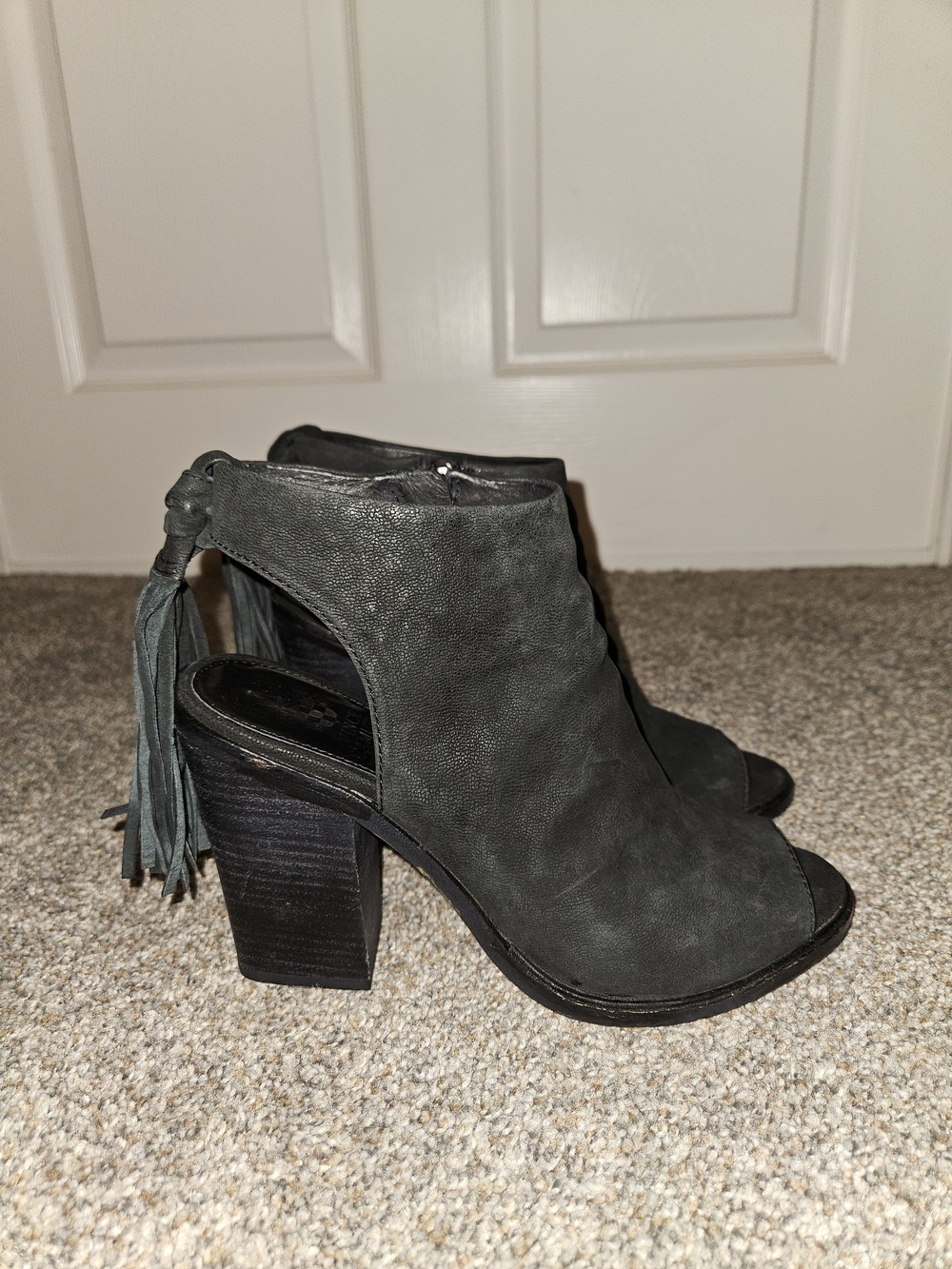Vince Camuto Gray Open-Toe Tassel Block Heel Ankle Boots